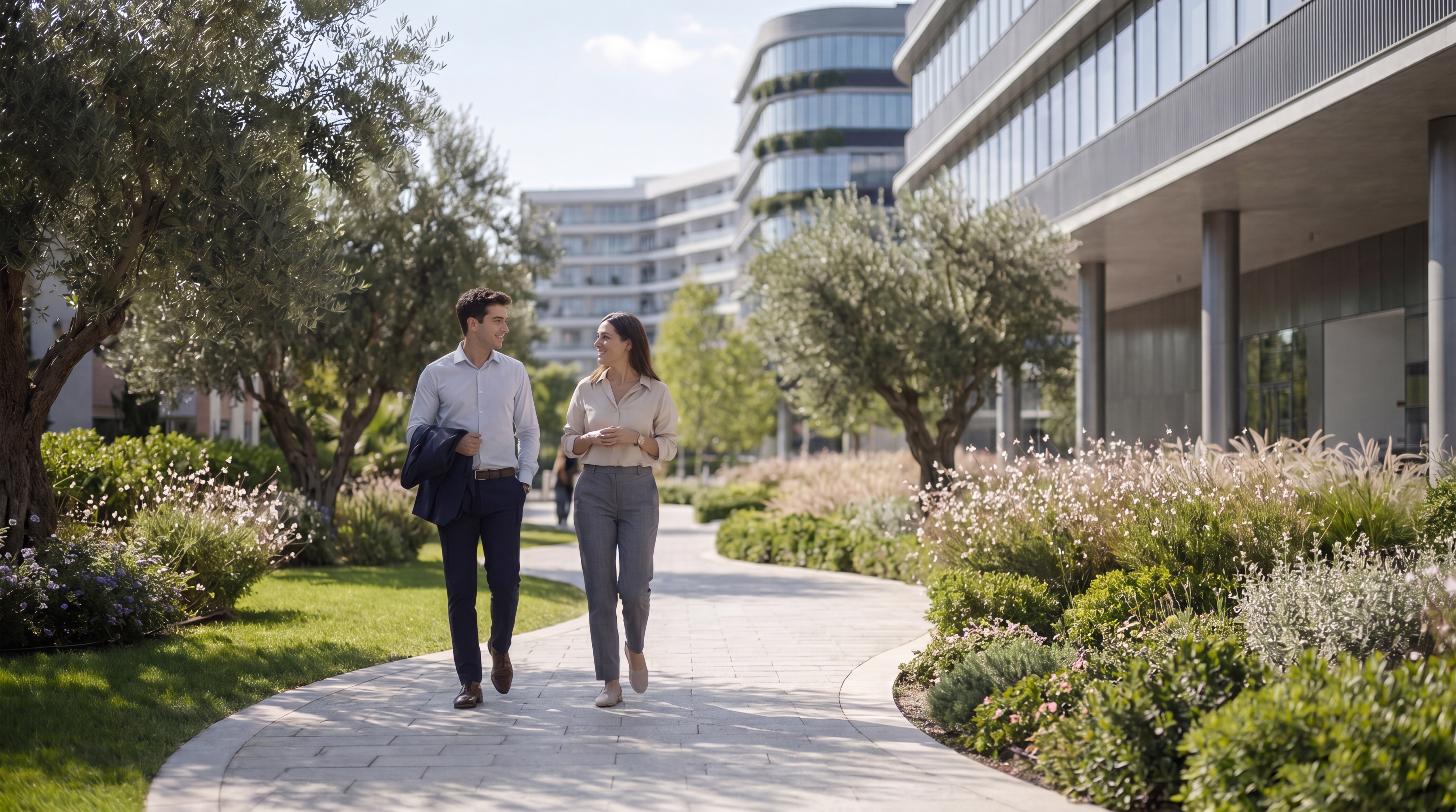 Coworkers walking by green area, Silicon Park, Imperio